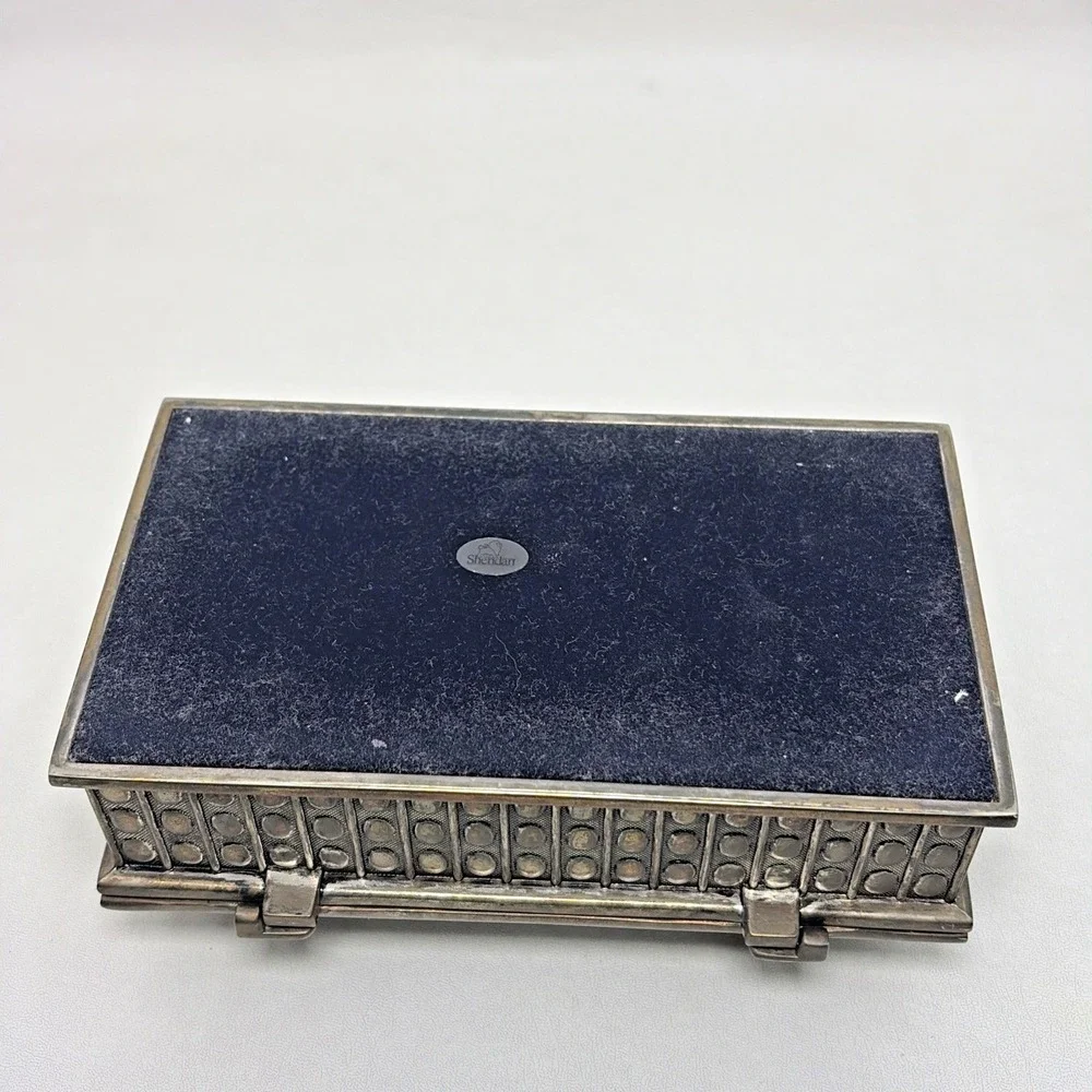 Vintage Sheridan Silver Jewelry Trinket Box MCM Blue Velvet Old Money Hobnail